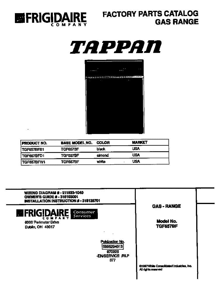 COVER Diagram and Parts List for TGF657BFB1  Tappan Range