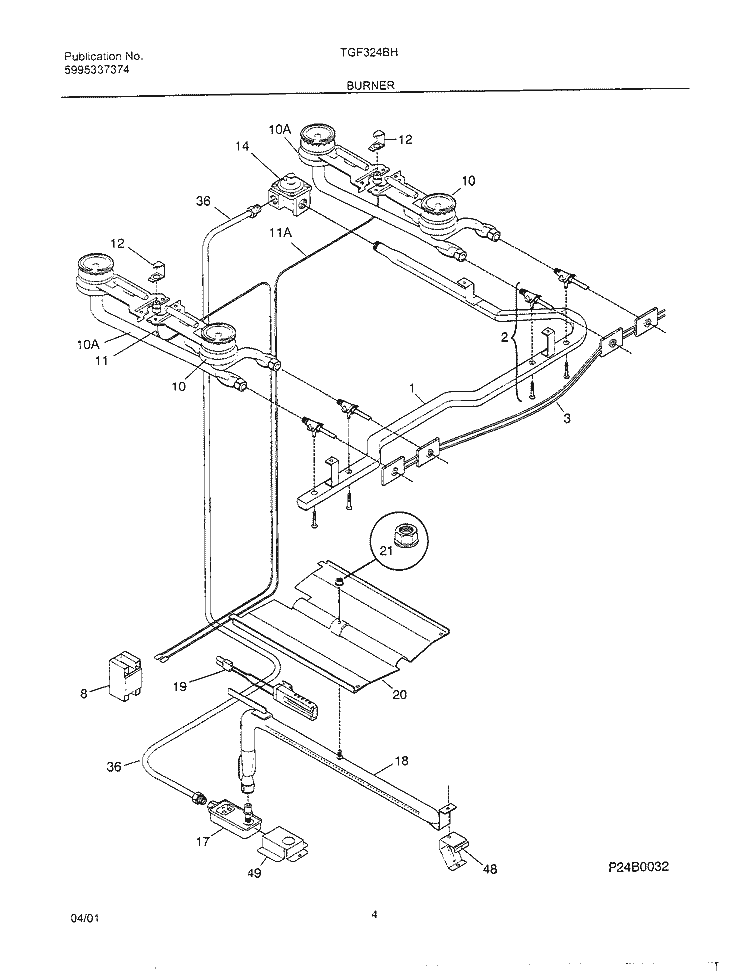 BURNER Diagram and Parts List for TGF324BHWA  Tappan Range