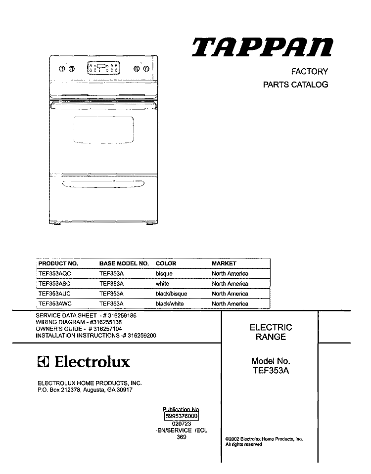 COVER Diagram and Parts List for TEF353AQC  Tappan Range