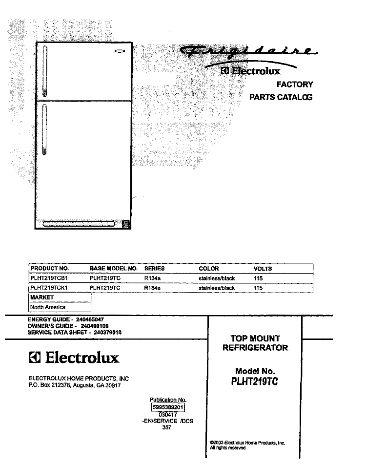 COVER Diagram and Parts List for PLHT219TCK1  Frigidaire Refrigerator