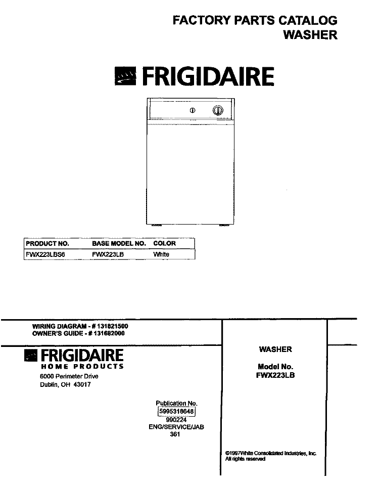 COVER Diagram and Parts List for FWX223LBS6  Frigidaire Washer
