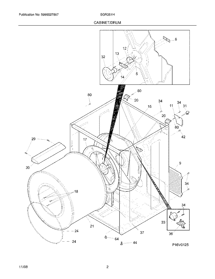 CABINET/DRUM Diagram and Parts List for SGR351HS1  Westinghouse Dryer