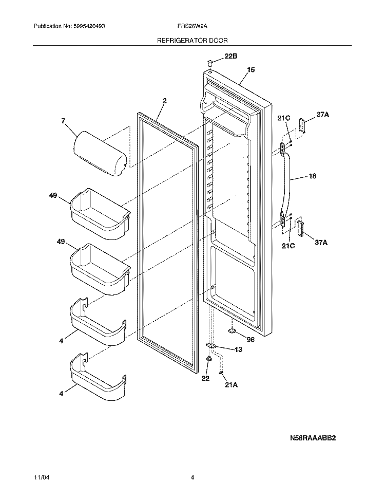 REFRIGERATOR DOOR Diagram and Parts List for FRS26W2AQC  Frigidaire Refrigerator