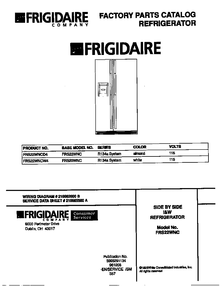 COVER Diagram and Parts List for FRS22WNCD4  Frigidaire Refrigerator