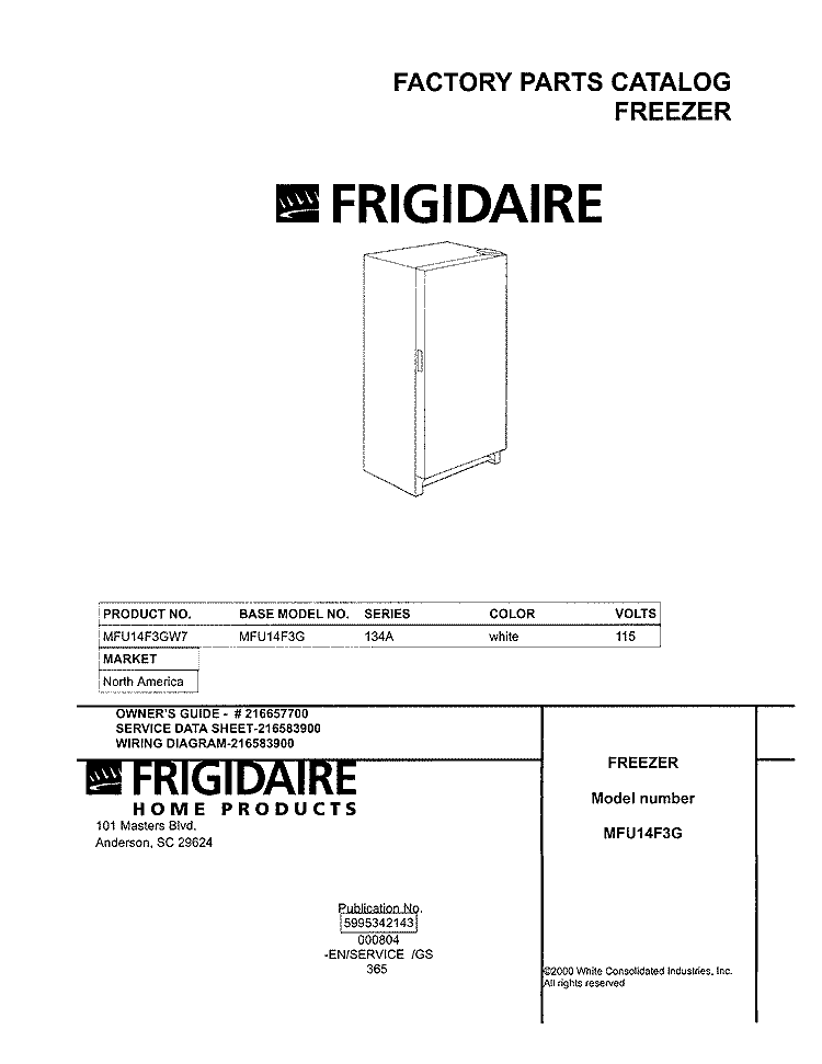 COVER Diagram and Parts List for MFU14F3GW7  Frigidaire Freezer