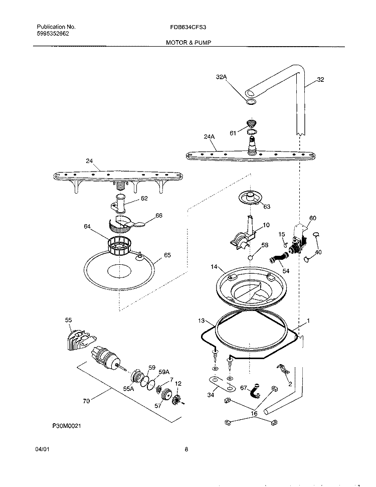 MOTOR & PUMP Diagram and Parts List for FDB634CFS3  Frigidaire Dishwasher