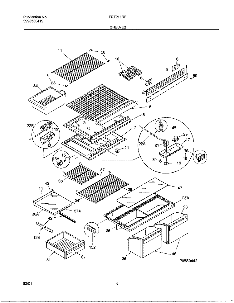 SHELVES Diagram and Parts List for FRT21LRFW2  Frigidaire Refrigerator