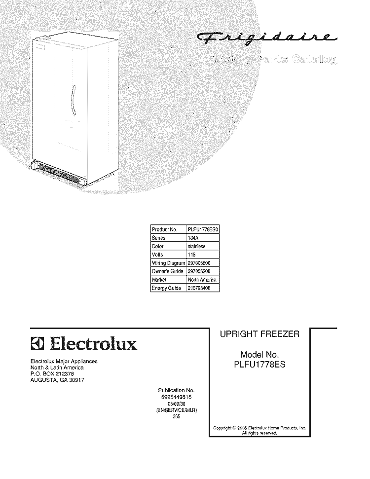 COVER Diagram and Parts List for PLFU1778ES0  Frigidaire Freezer