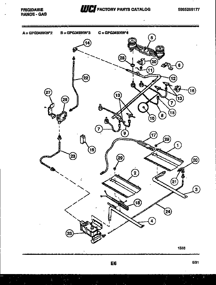 BURNER, MANIFOLD AND GAS CONTROL Diagram and Parts List for GPG34BNL3  Frigidaire Range