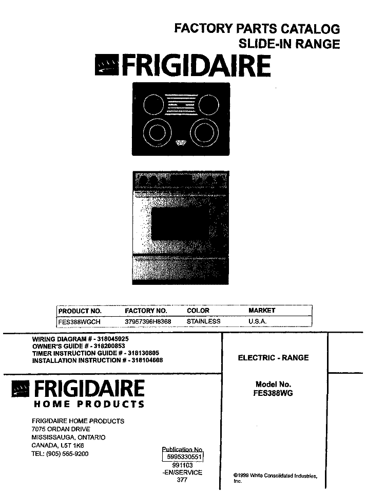 COVER Diagram and Parts List for FES388WGCH  Frigidaire Range
