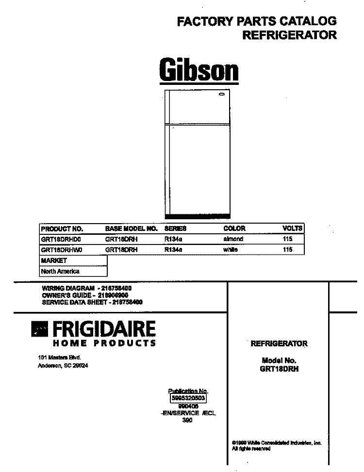 COVER Diagram and Parts List for GRT18DRHW0  Gibson Refrigerator