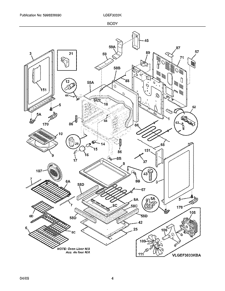 BODY Diagram and Parts List for LGEF3033KQA  Frigidaire Range
