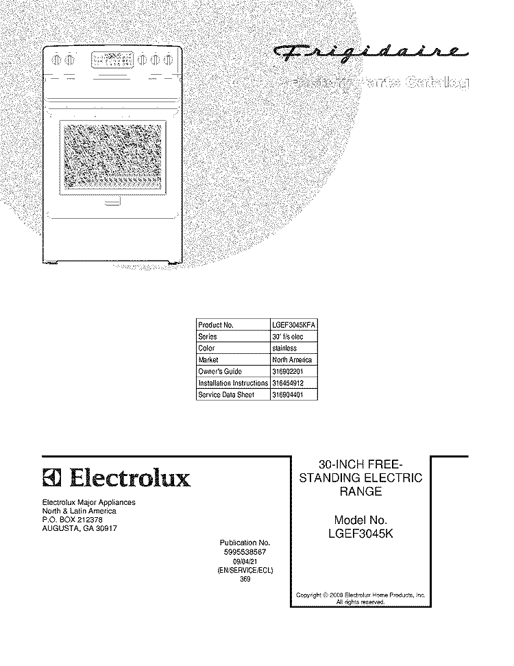 COVER Diagram and Parts List for LGEF3045KFA  Frigidaire Range