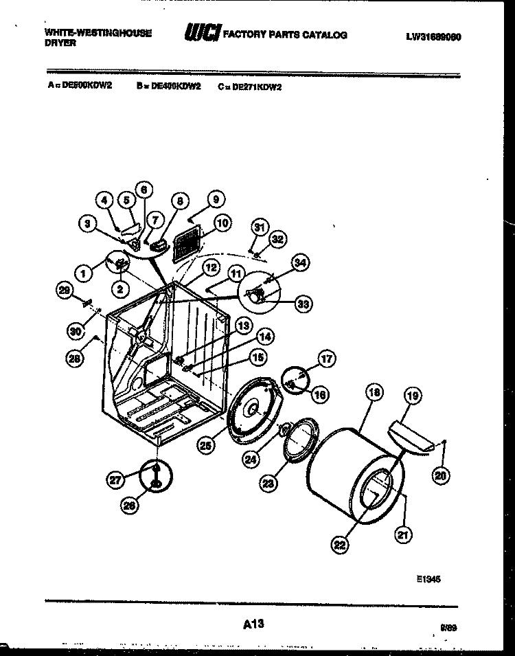 CABINET AND COMPONENT PARTS Diagram and Parts List for DE500KDW2  Frigidaire Dryer