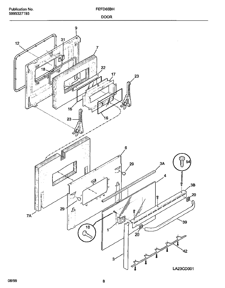 DOOR Diagram and Parts List for FEFD65BHDB  Frigidaire Range