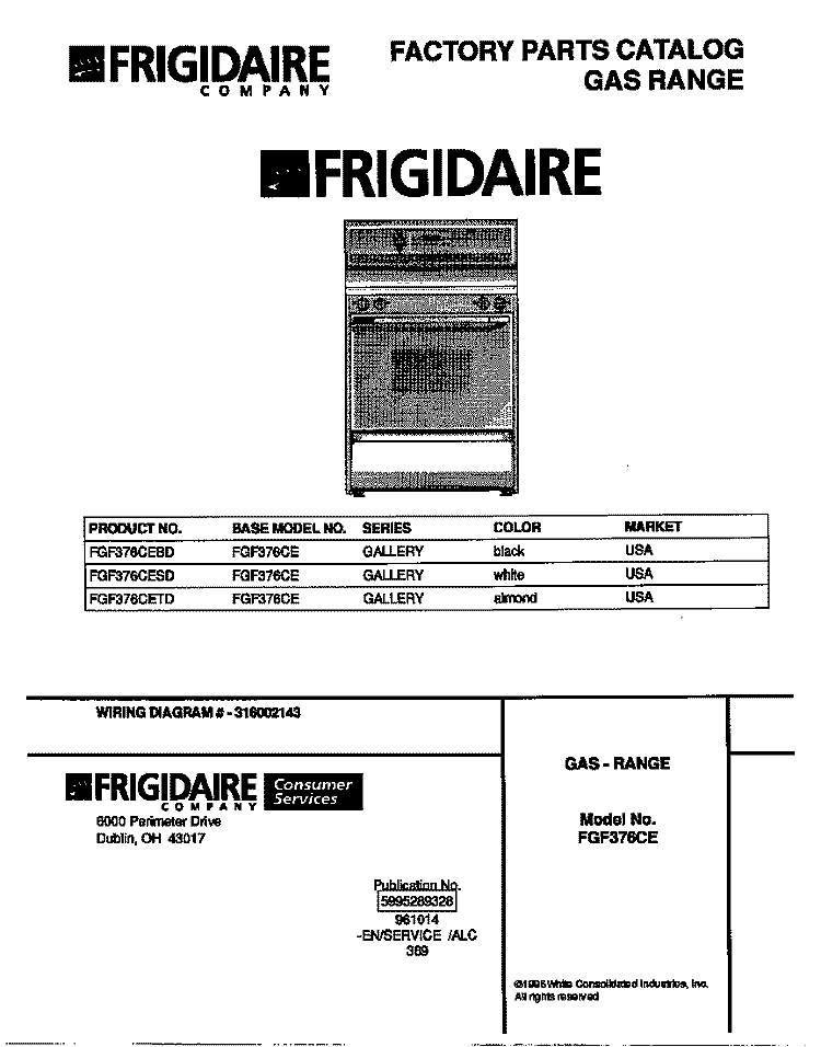 COVER Diagram and Parts List for FGF376CETD  Frigidaire Range