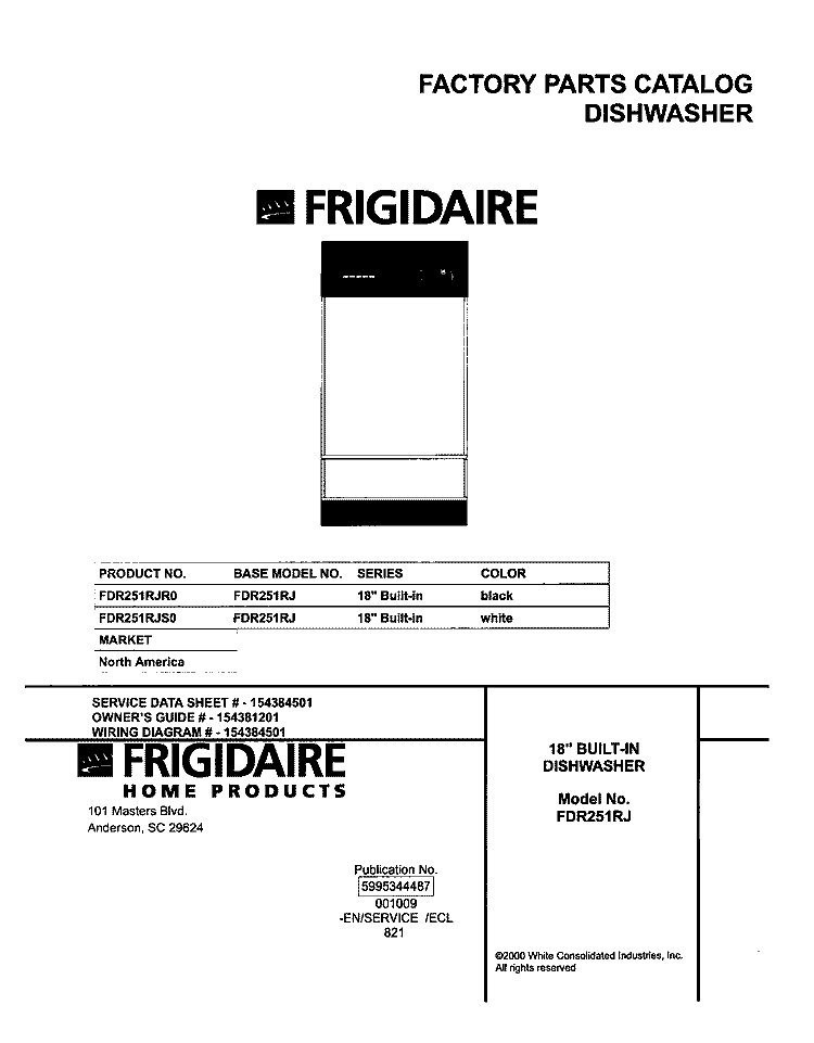 COVER Diagram and Parts List for FDR251RJS0  Frigidaire Dishwasher