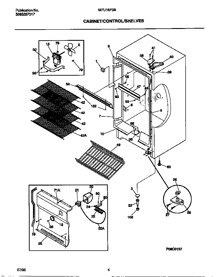 CABINET / CONTROLS / SHELVES Diagram and Parts List for MFU16F3BW6  Frigidaire Freezer
