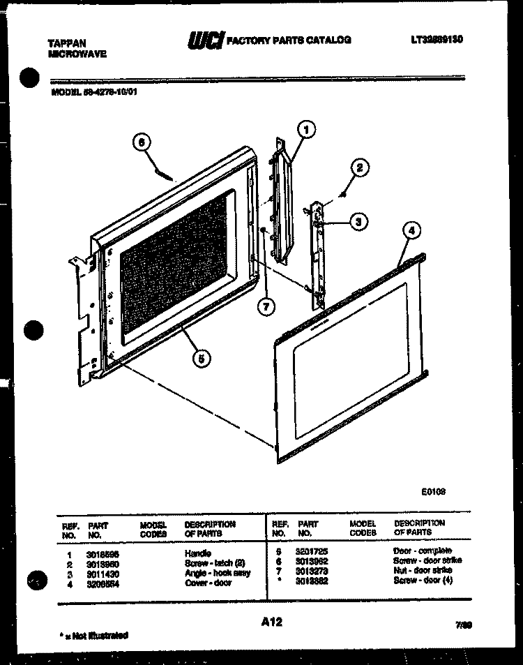 DOOR PARTS Diagram and Parts List for 56-4278-10-01  Tappan Microwave