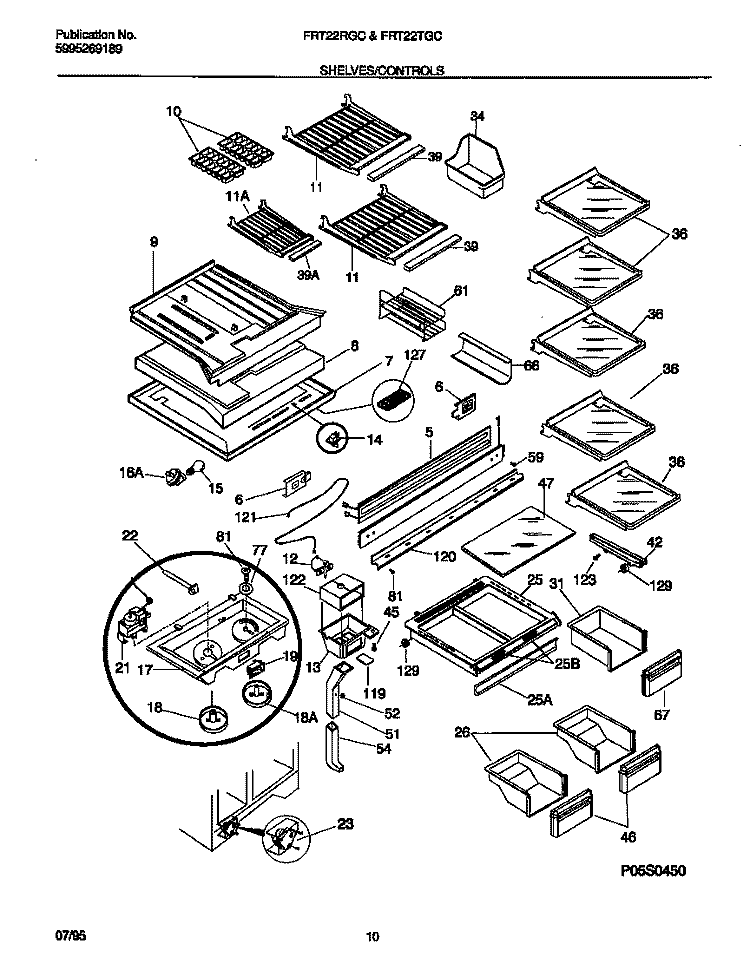 SHELVES / CONTROLS Diagram and Parts List for FRT22RGCD1  Frigidaire Refrigerator