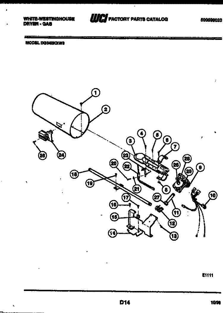 BURNER, IGNITER AND VALVE Diagram and Parts List for DG640KXW3  Frigidaire Dryer