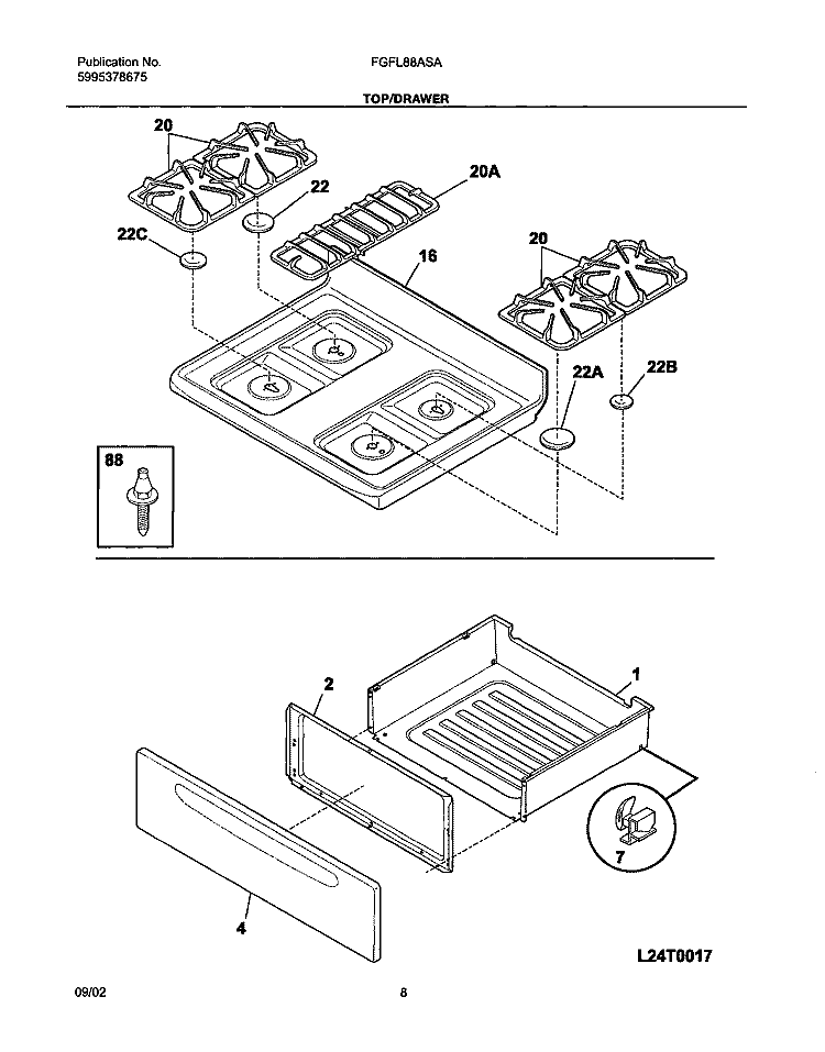 TOP / DRAWER Diagram and Parts List for FGFL88ASA  Frigidaire Range