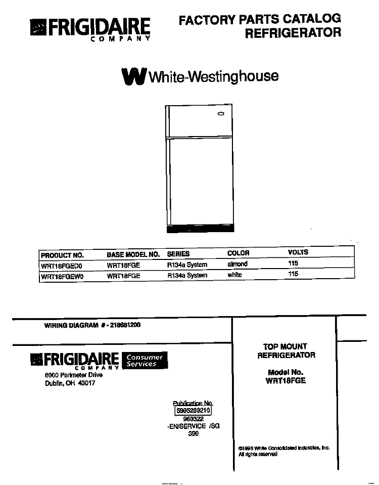 COVER Diagram and Parts List for WRT18FGEW0  Frigidaire Refrigerator