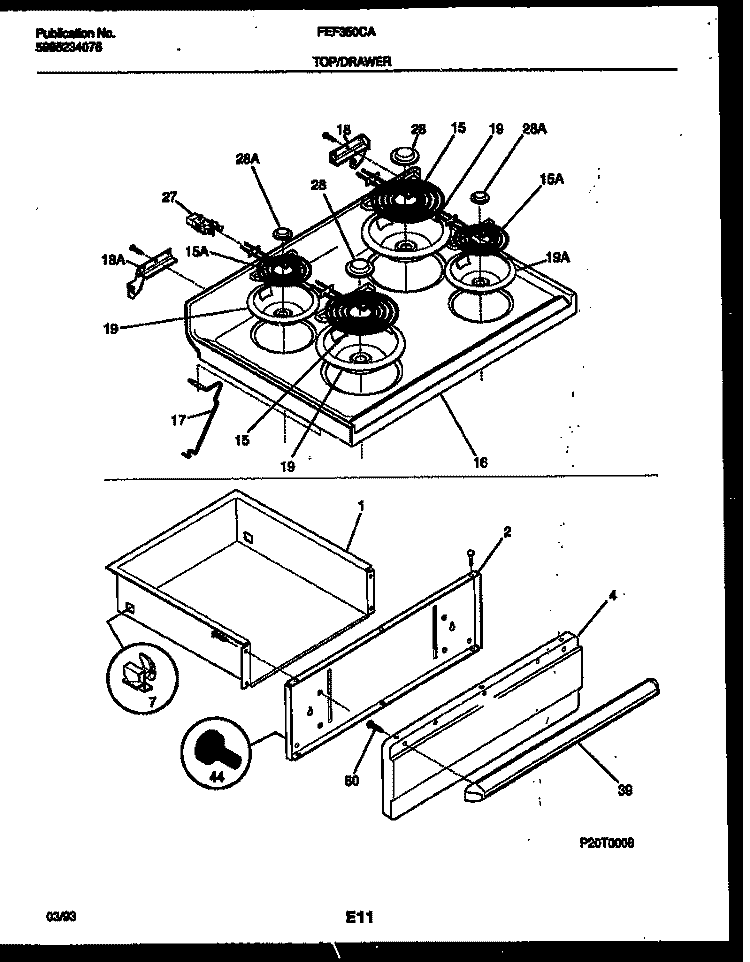 COOKTOP AND DRAWER PARTS Diagram and Parts List for FEF350CADA  Frigidaire Range
