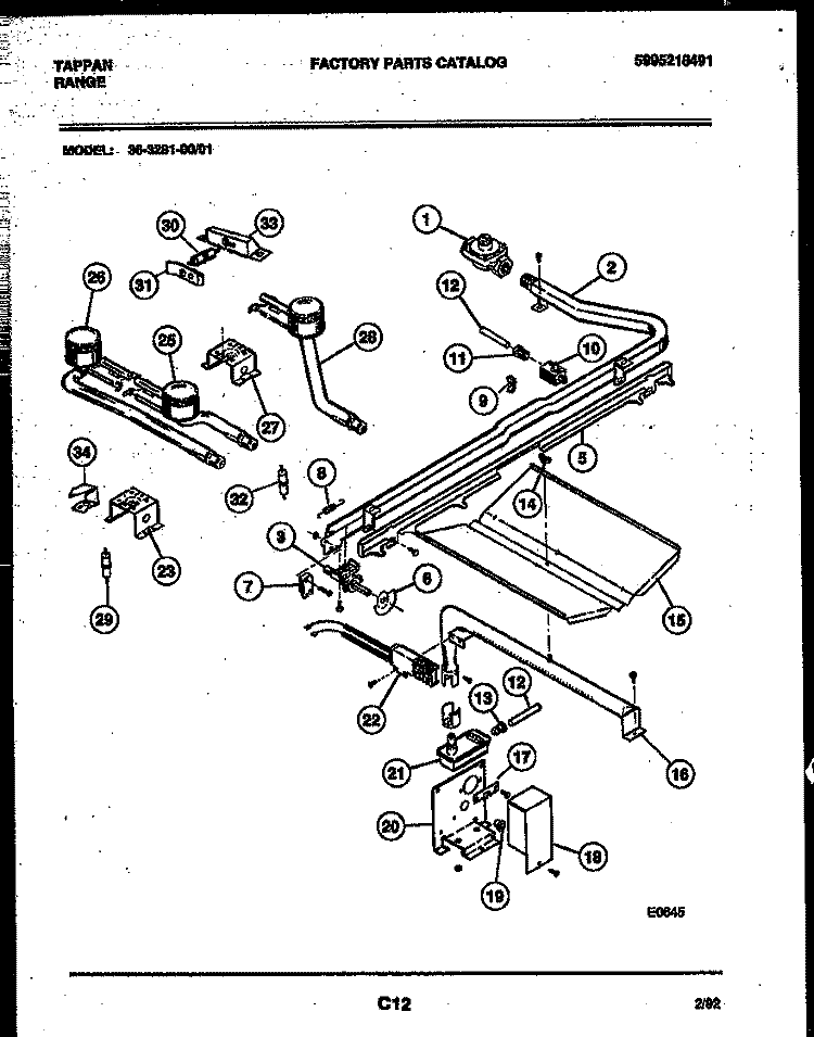 BURNER, MANIFOLD AND GAS CONTROL Diagram and Parts List for 36-3281-00-01  Tappan Range