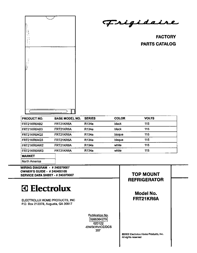 COVER Diagram and Parts List for FRT21KR6AB2  Frigidaire Refrigerator