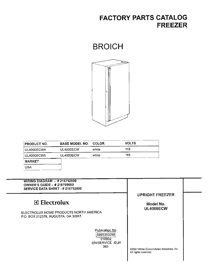 COVER Diagram and Parts List for UL4000ECW5  Electrolux Freezer