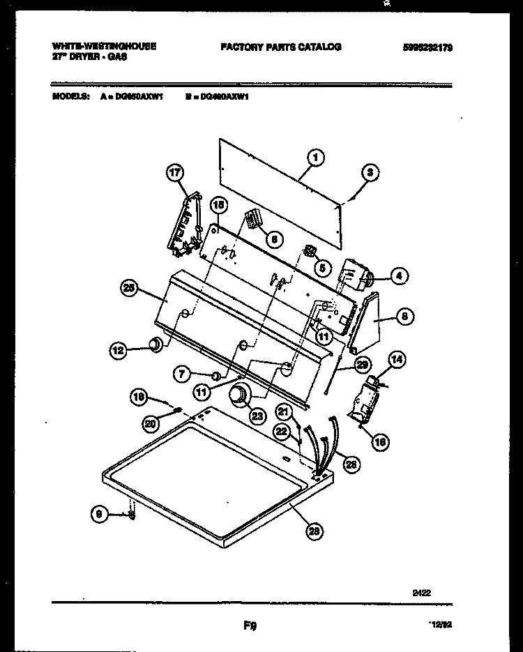 CONSOLE AND CONTROL PARTS Diagram and Parts List for DG400AXW1  Frigidaire Dryer