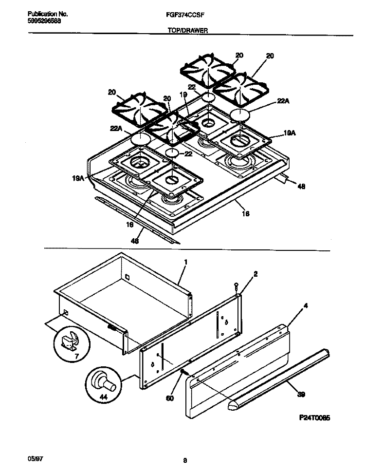 TOP / DRAWER Diagram and Parts List for FGF374CCSF  Frigidaire Range