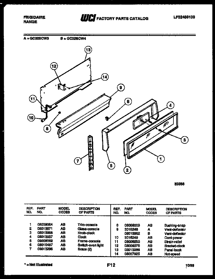 CONTROL PANEL Diagram and Parts List for GC32BCW4  Frigidaire Range