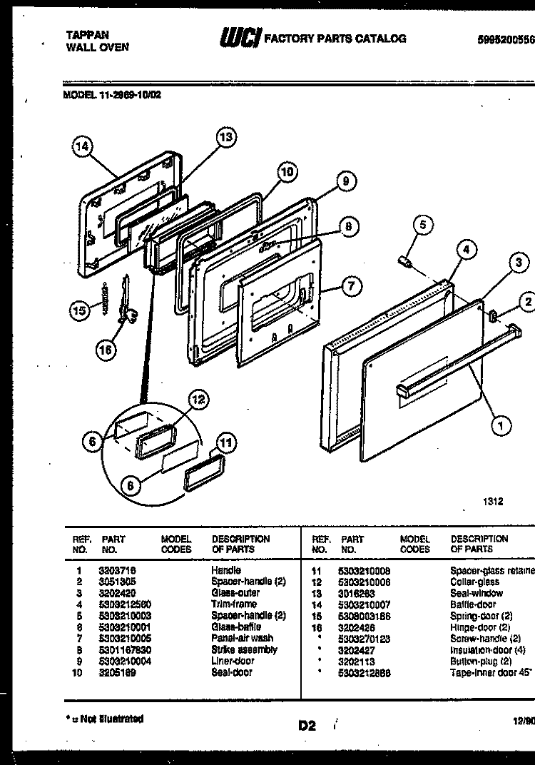 DOOR PARTS Diagram and Parts List for 11-2969-00-02  Tappan Wall Oven