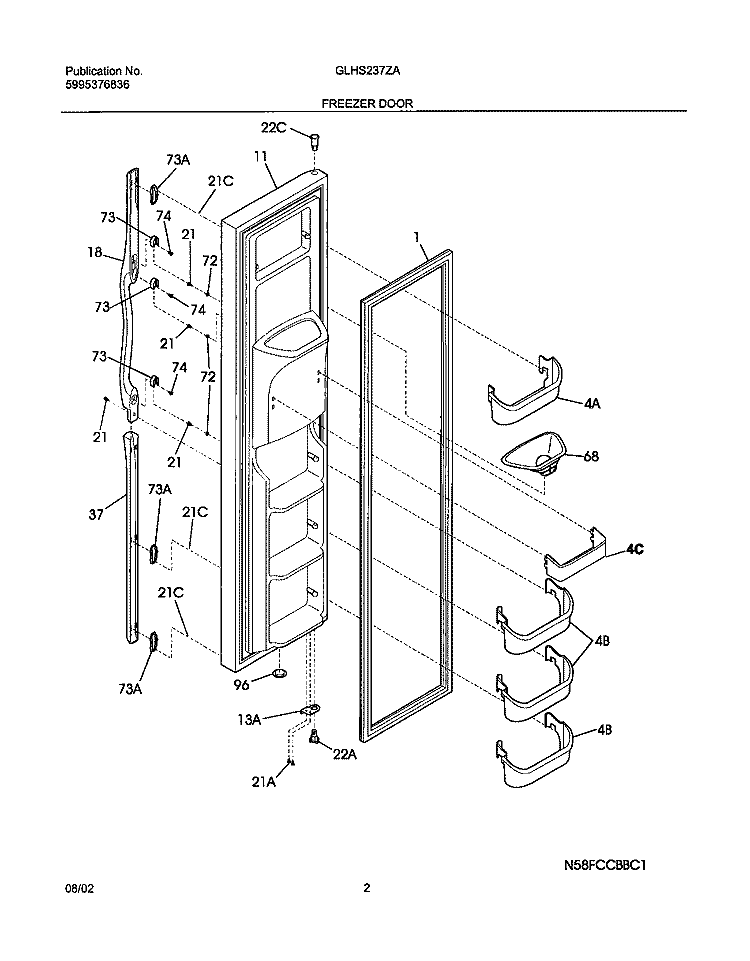 FREEZER DOOR Diagram and Parts List for GLHS237ZAW5  Frigidaire Refrigerator