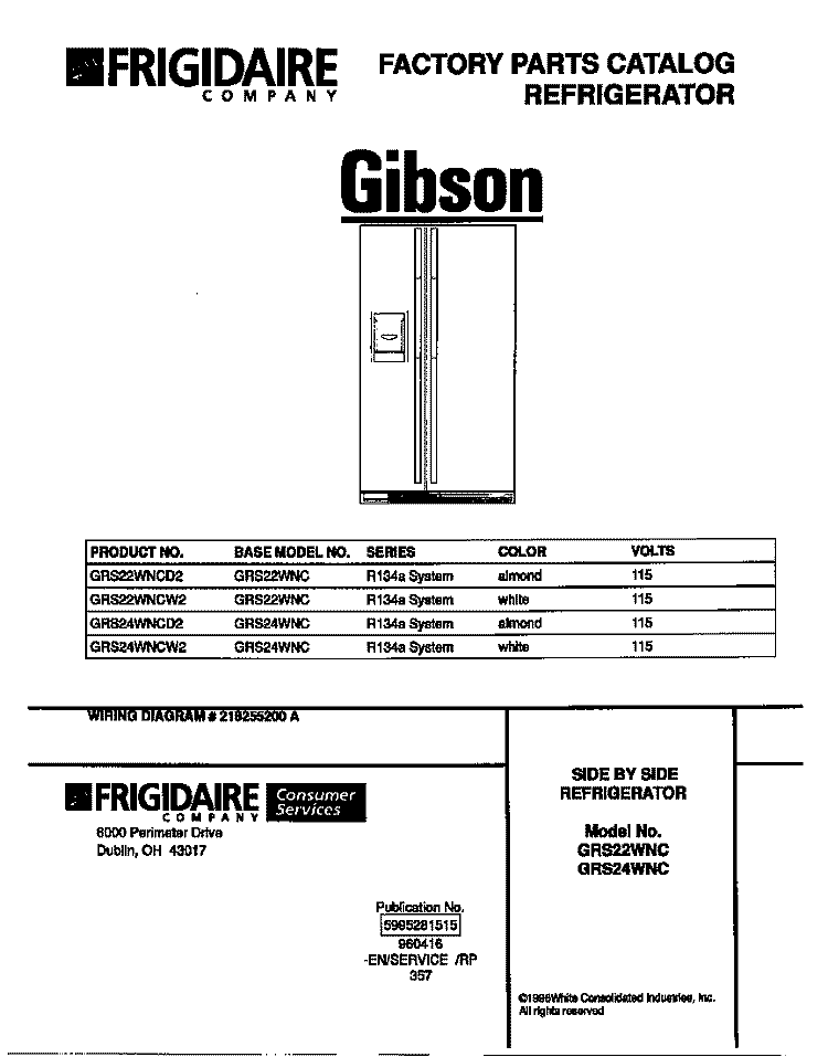 COVER Diagram and Parts List for GRS22WNCD2  Gibson Refrigerator