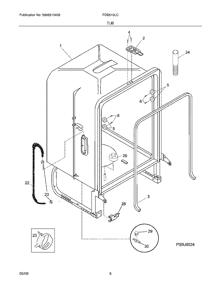 TUB Diagram and Parts List for FDB510LCB4  Frigidaire Dishwasher