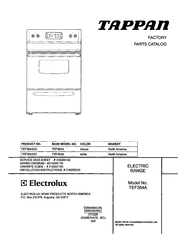 COVER Diagram and Parts List for TEF364AQC  Tappan Range