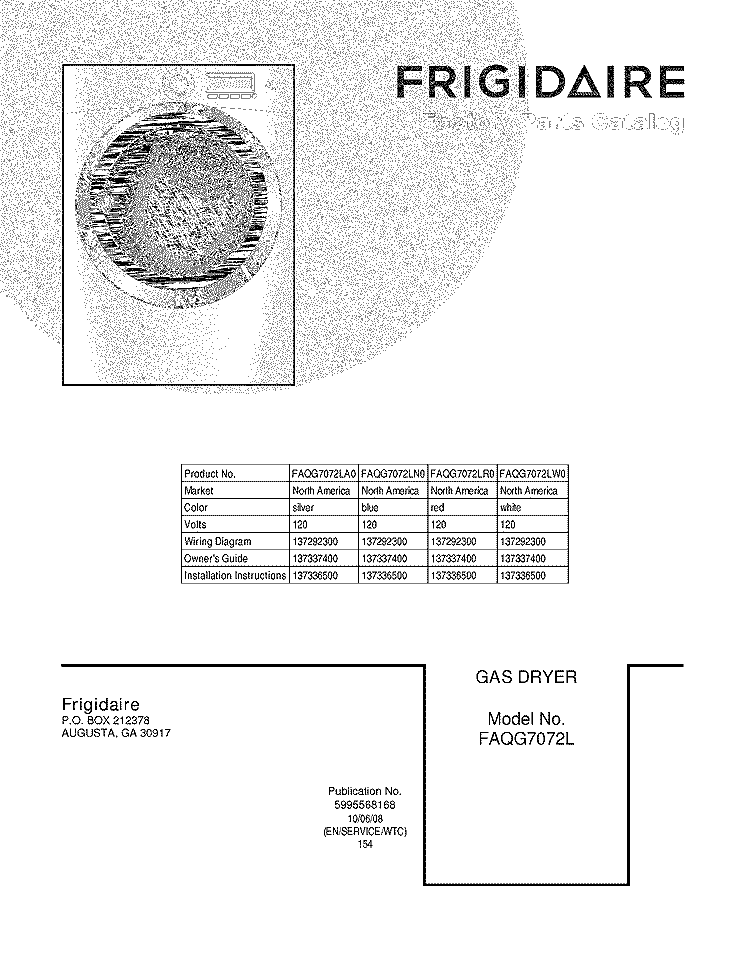 COVER Diagram and Parts List for FAQG7072LA0  Frigidaire Dryer