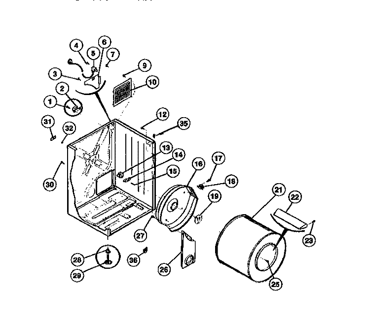 CABINET, DRUM, HEAT DUCT Diagram and Parts List for DG400TXW0  Frigidaire Dryer