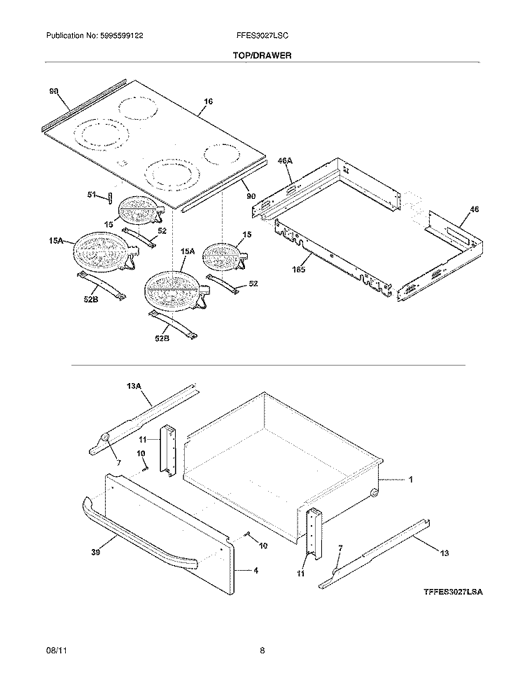 TOP/DRAWER Diagram and Parts List for FFES3027LSC  Frigidaire Range