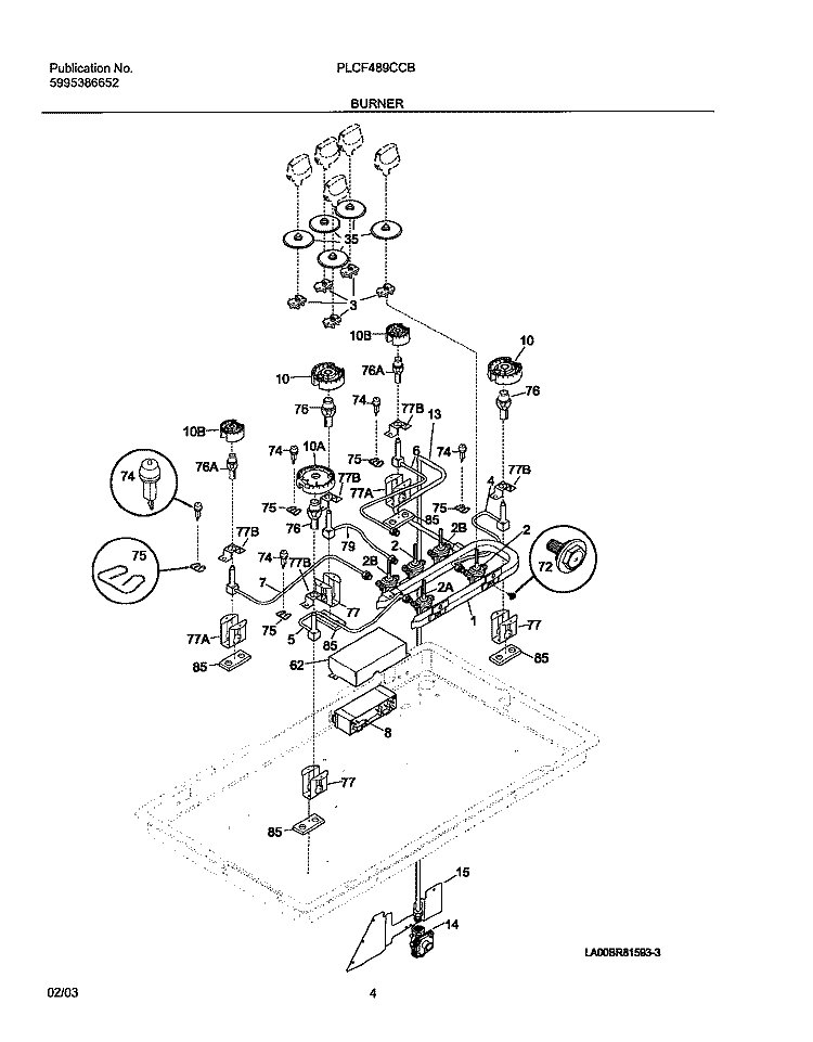 BURNER Diagram and Parts List for PLCF489CCB  Frigidaire Range