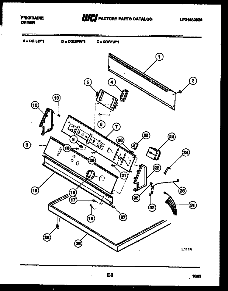 CONSOLE AND CONTROL PARTS Diagram and Parts List for DGILW1  Frigidaire Dryer