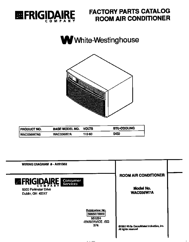COVER Diagram and Parts List for WAC056W7A5  Frigidaire Air Conditioner
