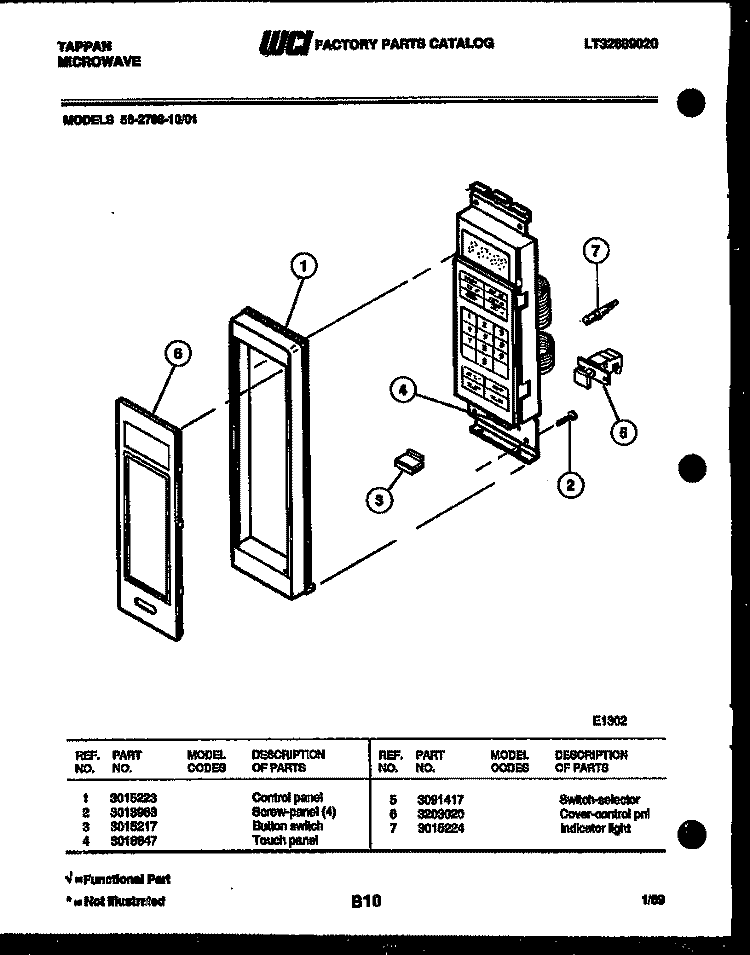 CONTROL PANEL Diagram and Parts List for 56-2788-10-01  Tappan Microwave
