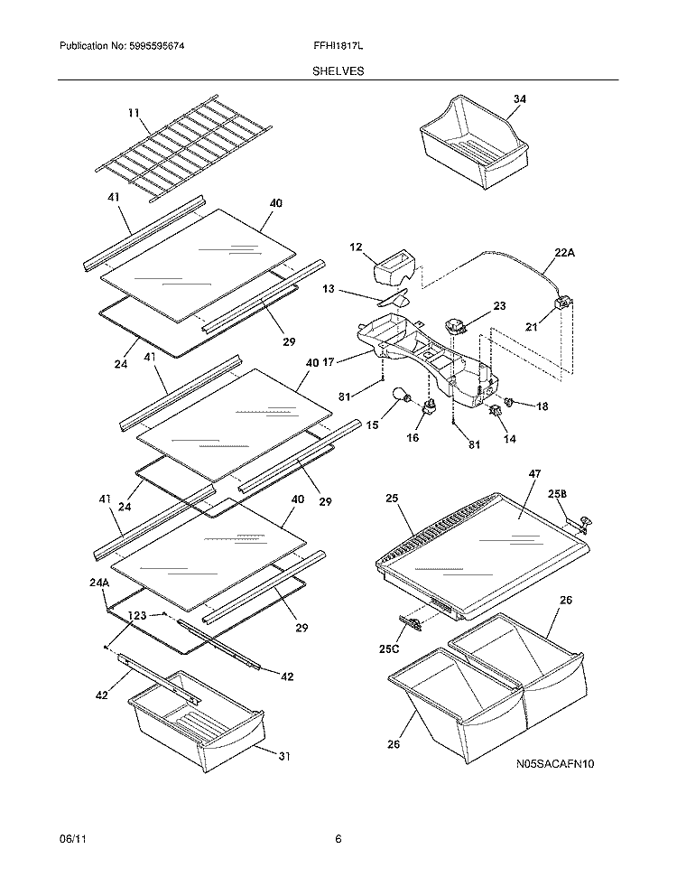 SHELVES Diagram and Parts List for FFHI1817LS3  Frigidaire Refrigerator