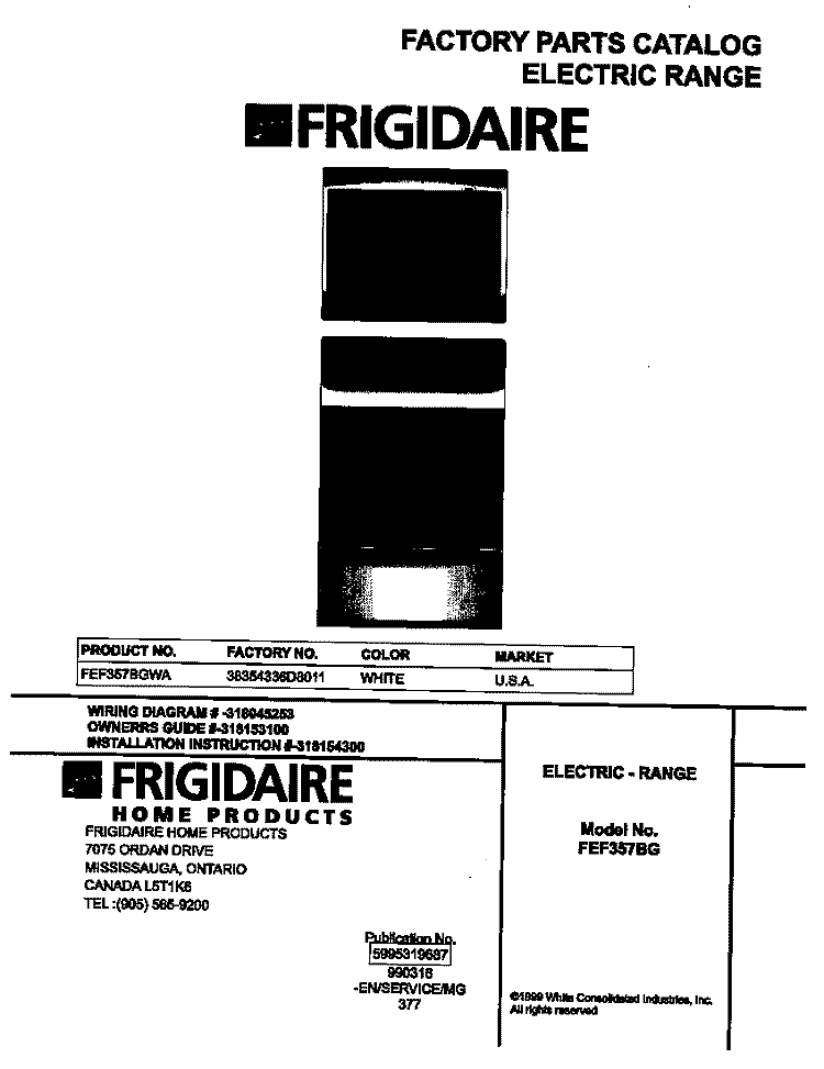 COVER Diagram and Parts List for FEF357BGWA  Frigidaire Range
