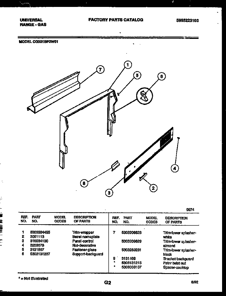 BACKGUARD Diagram and Parts List for CG301SP2Y1  Frigidaire Range