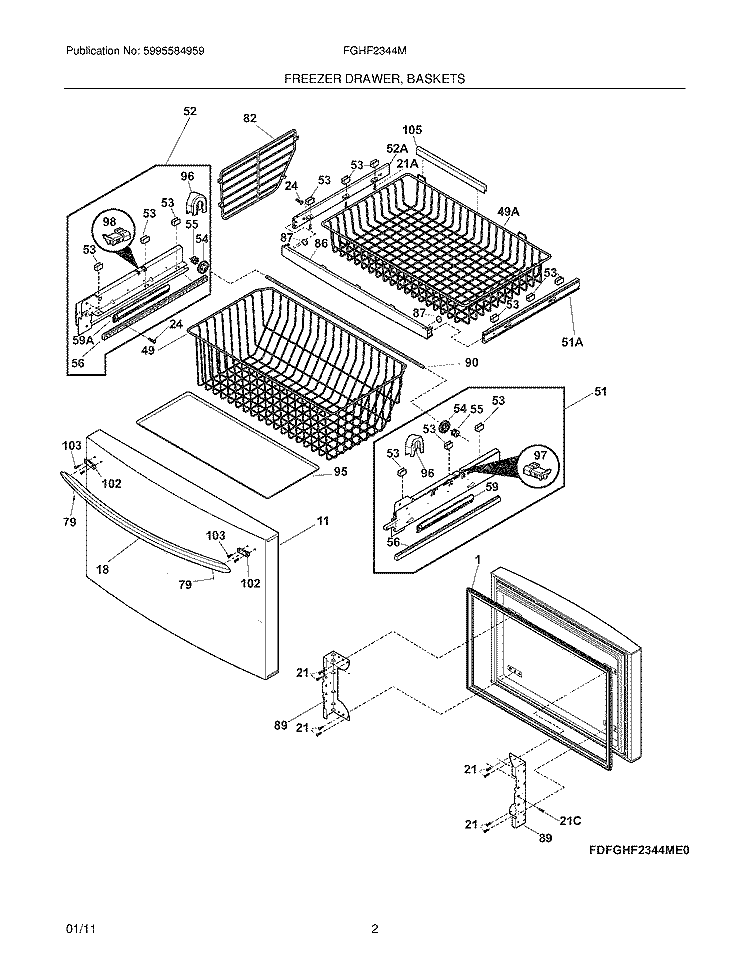FREEZER DRAWER, BASKETS Diagram and Parts List for FGHF2344ME0  Frigidaire Refrigerator